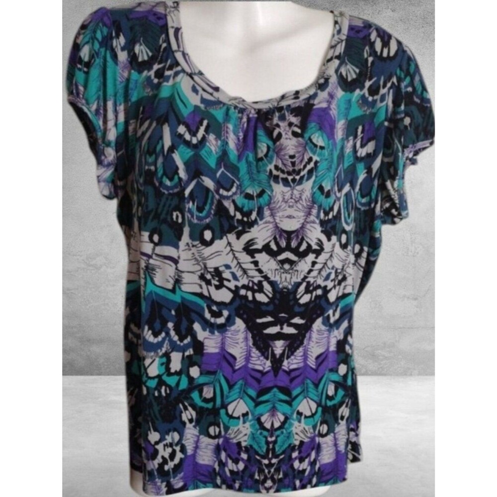 Worthington Teal, Purple & Black Printed Short Sleeve Top Size Large Petite